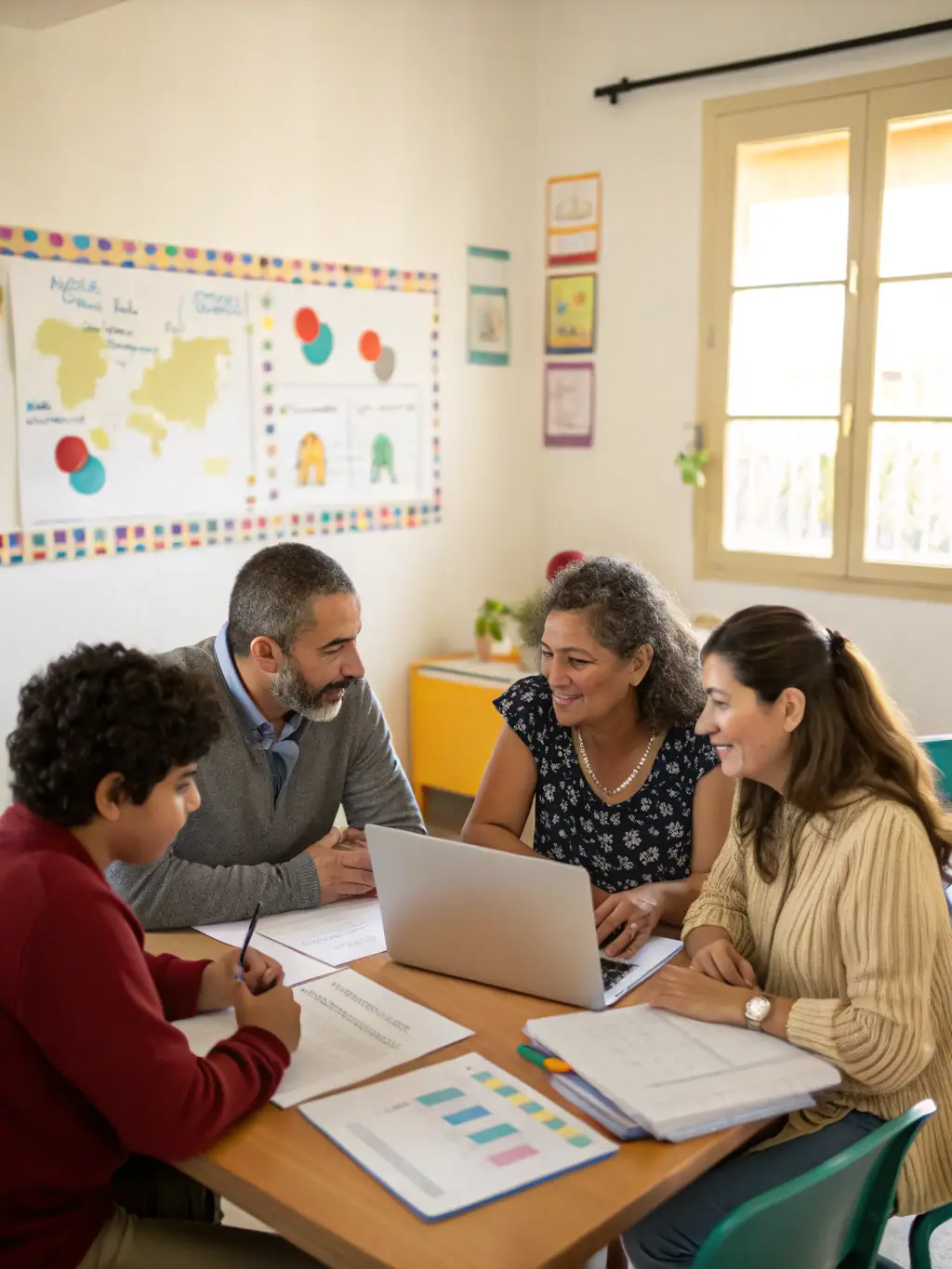 An image of a diverse group of educators and parents working together on a student's IEP, symbolizing inclusivity and shared responsibility.