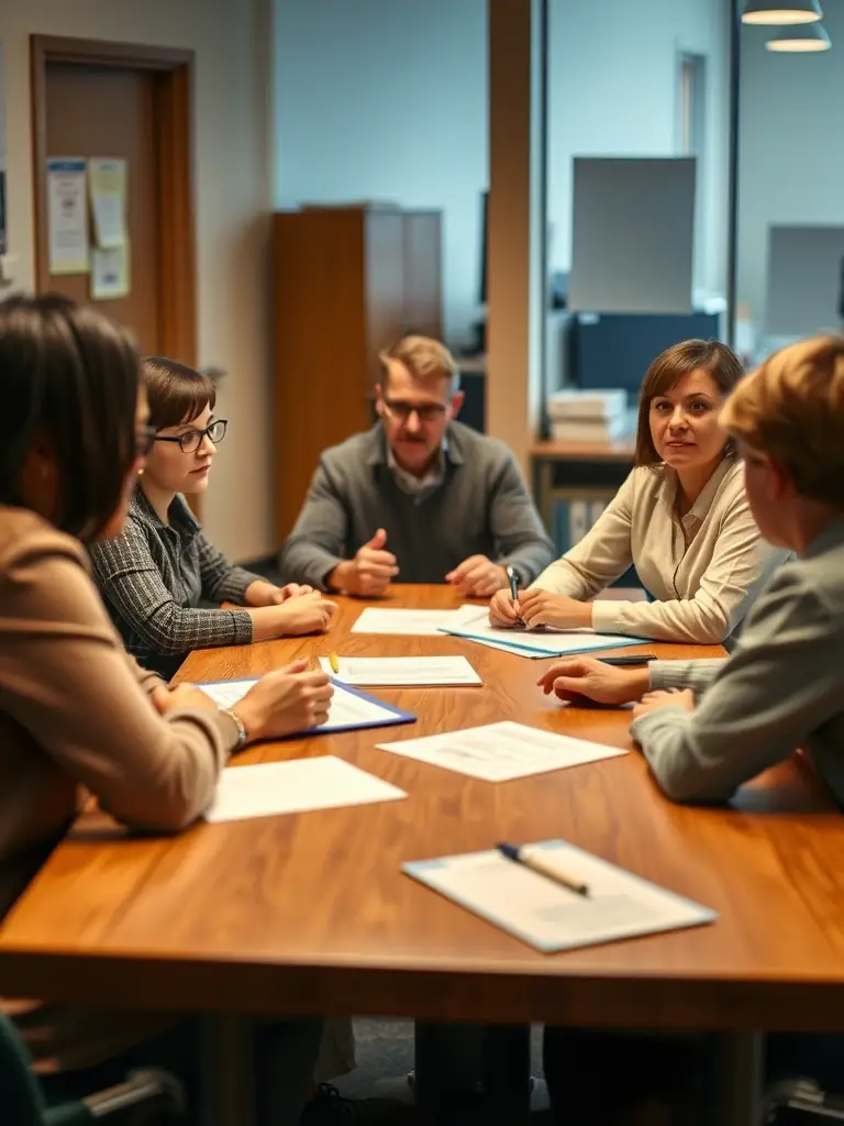 A photograph of a mediator facilitating a discussion between parents and school staff at a table, focusing on a student's IEP.