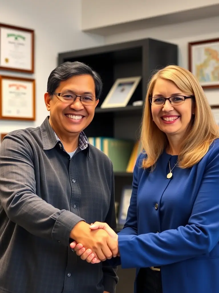 A photograph of a parent and a school psychologist smiling and shaking hands after a successful IEP meeting.