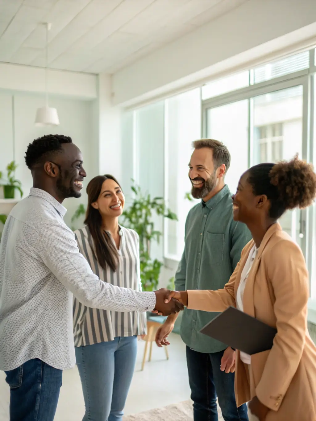 An image of a successful mediation session, with smiling faces and a handshake, representing a positive resolution and improved relationships.