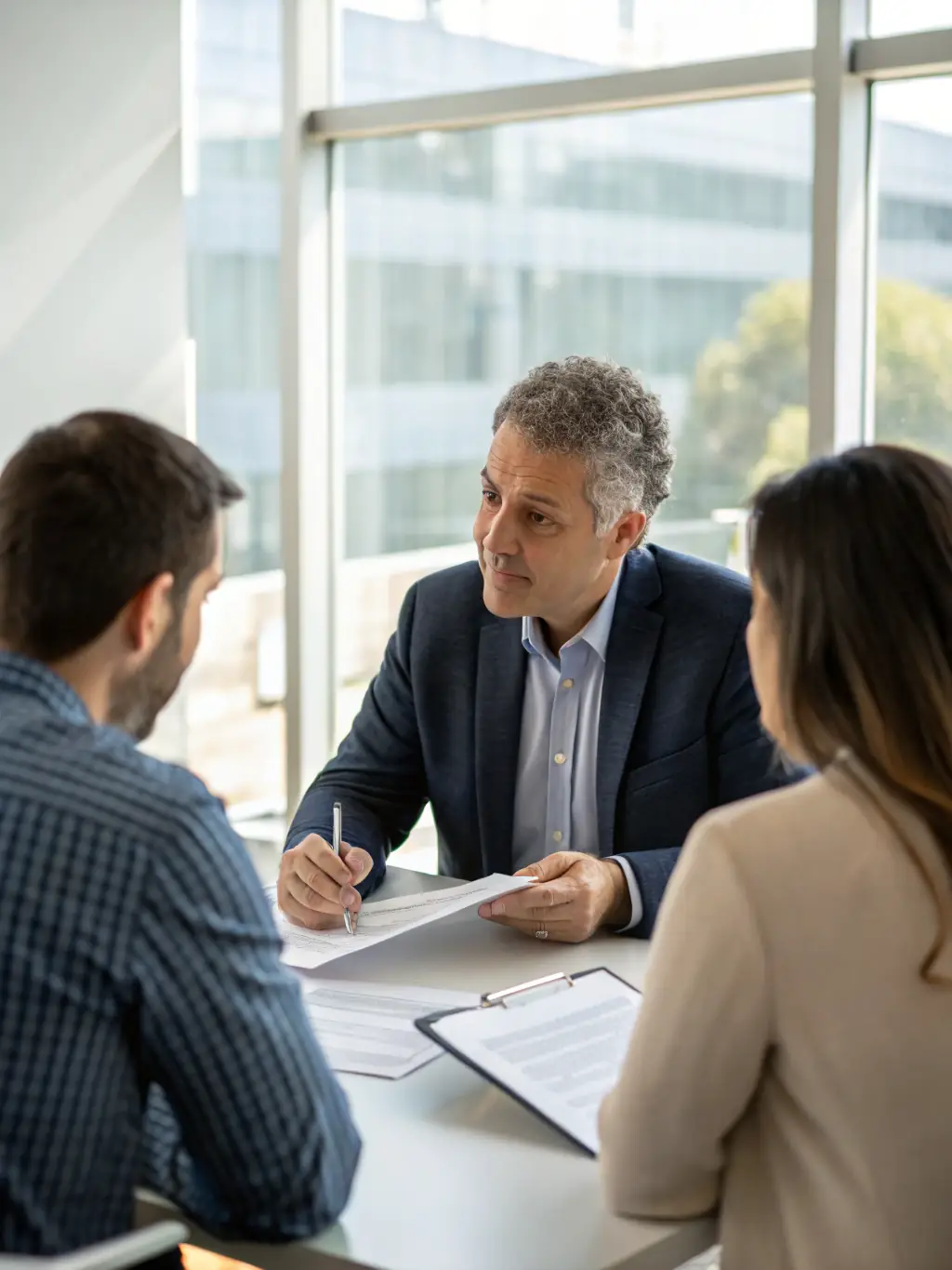An image depicting a mediator facilitating a discussion between parents and school representatives in a professional setting, emphasizing collaboration and understanding.