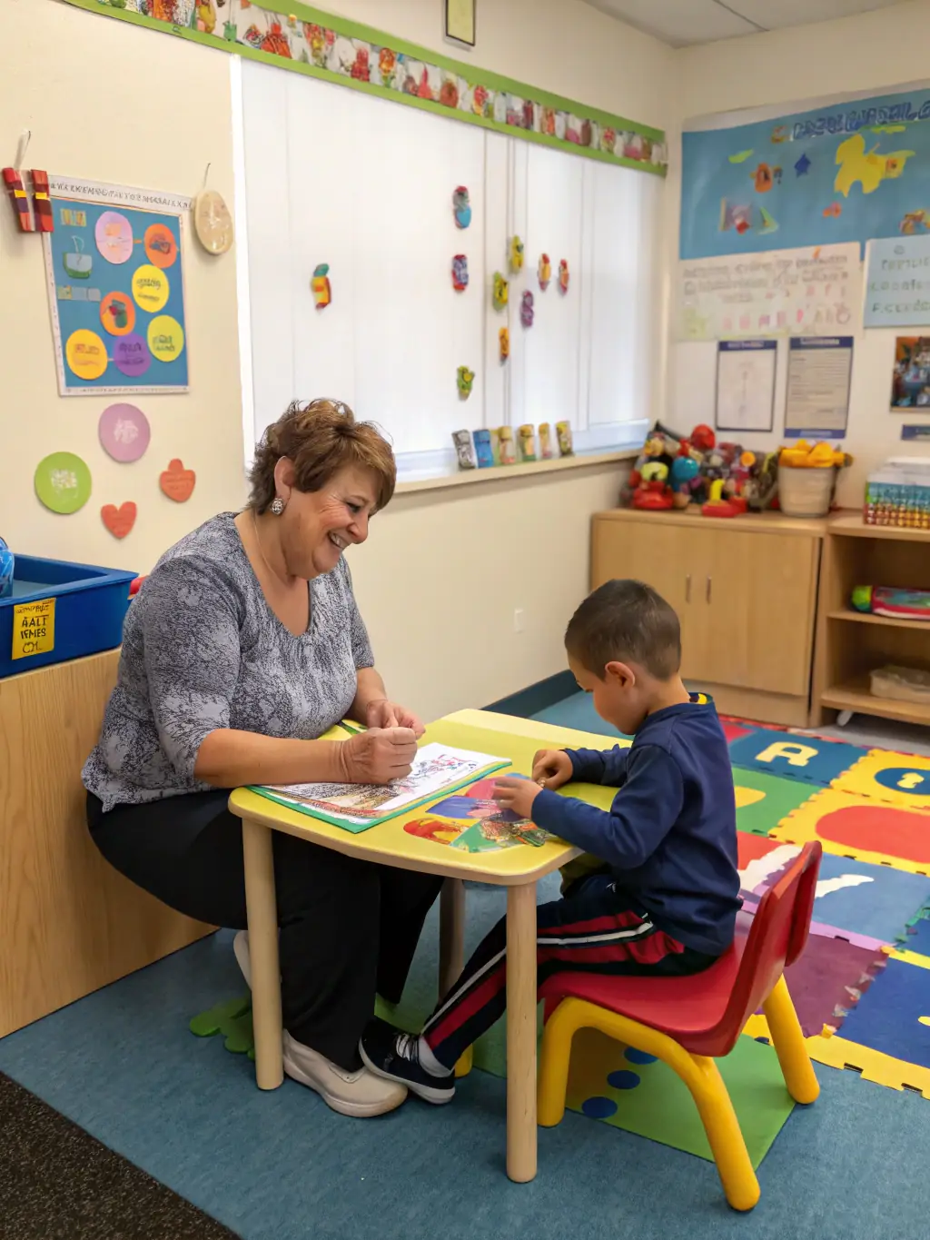 A photograph of a special education teacher working with a student in a classroom setting, with an aide assisting.